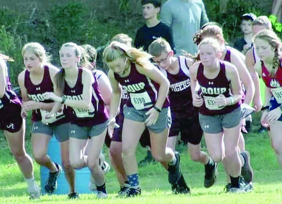 Courtesy Photo
Troup varsity girls and junior high boys participated in the Union Grove Invitational Saturday, Aug. 24. Troup runners leaving the starting line are (from left) Danielle Puckett, Valerie Guthrie, Sarah Neel, Christian Howell and Marigold Hunter.