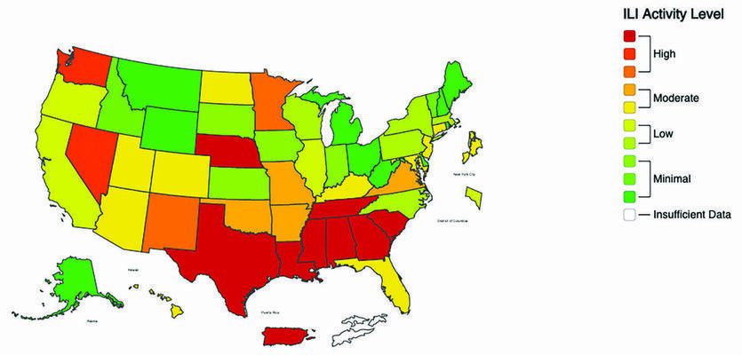 Map courtesy of the CDC website 
The above map outlines the influenza like illness (ILI activity) at the end of November, with Texas already showing a high activity level.