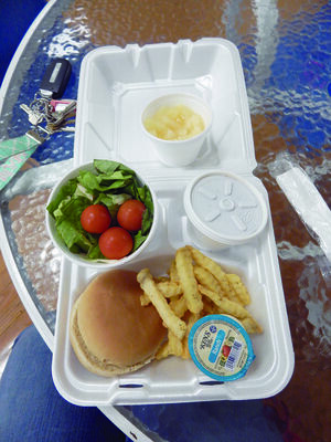 Photo by Josie Fox
The barbecue sandwich meal includes a fresh side salad, seasoned fries and a generous helping of fresh fruit for dessert.