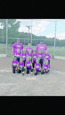 The Rusk Sassy Sluggers, Girls 6U T-Ball is headed to state playoffs. Pictured on the bottom row, left to right are Fernanda Bomer, Reece Dover, Aubri Dupree, Alli Dowling and Katy Walley. Middle row is Rebecca Hood, Kaylee Eason, Callie Covington, Kennidi Skinner, Carleigh Gunter and Kynlee Lindsey. On the back row are team coaches Brody Walley, Jana Eason, and head coach Matt Gunter.