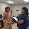 SWEARING IN PHOTO: Houston County Attorney Daphne Session (right) administers the oath of office to her mother, Maxine Session, during the opening of the Rusk City Council Nov. 9 meeting. Maxine was appointed by city leaders to fill in a void left by the Oct. 11, 2023, death of her husband, Walter Session, who served as the District 2 Councilman since 1983. Courtesy photo