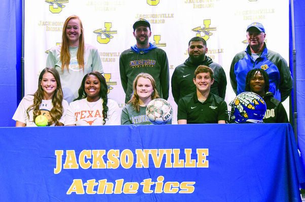 Photo by Jessica Payne
Jacksonville seniors participating in National Signing Day, front row from left to right were, Saylor Williams, signing with A &amp; M Commerce; Jordyn Whitaker,  signing with University of Texas; Kelsey Traylor, signing with LeTourneau University; Cooper Coughlin signing with Jacksonville College; and Chris Carpenter signing with Colorado University.