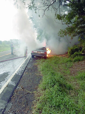 Courtesy photo
Jacksonville first responders extinguish an automobile fire on FM 347, locally known as the Dialville Highway, over the weekend.
