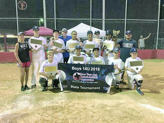 Photo shared by Texas Teenage Baseball-Softball Association via Facebook
The Rusk Yankees bring home the state championship title for the Boys 14U Division following an undefeated week of tournament play. Team members included Zane Lofton, Trey Devereaux, Chris Perez, Bryce Grimes, Garrett Brooks, JD Thompson, Tristan Clay, Brayden Boudreaux, Wade Williams, Caleb Ferrara and Alex Jones. Team coaches are Octavio Perez, Xavier Devereaux, and Taylor Hamilton. Head coach for the Yankees was Kerri Taylor.