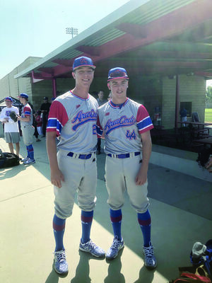 Smith (left) and J.D. Thompson of Rusk, both left-handed pitchers, participated in the 2019 Area Code Underclass Games after earning spots on the Texas Rangers’ Underclass team.