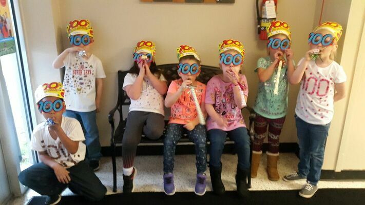 Courtesy photo
Michelle Williamson’s kindergarten class at Wells shows off their 100th day glasses and hats during their 100th day of school celebration.