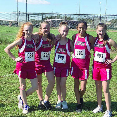 Courtesy photo
Rusk Jr. High girls Cross Country team placed fourth at the District Cross Country Meet held Wednesday, Oct. 10 in Fairfield. Pictured, from left, are Kaitlyn Hardy, Shelby Gray, Hanna Allen, Isabel Torres and Madalynn Woodruff.