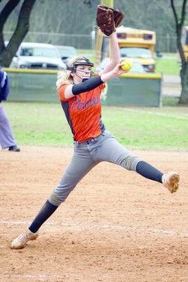 Courtesy Photo
Wells’ Lady Pirate Kendall Tucker pitched the second game of a double-header with Garrison Tuesday, Feb. 26.