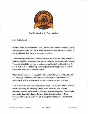 City of Rusk Issues a Boil Water Notice